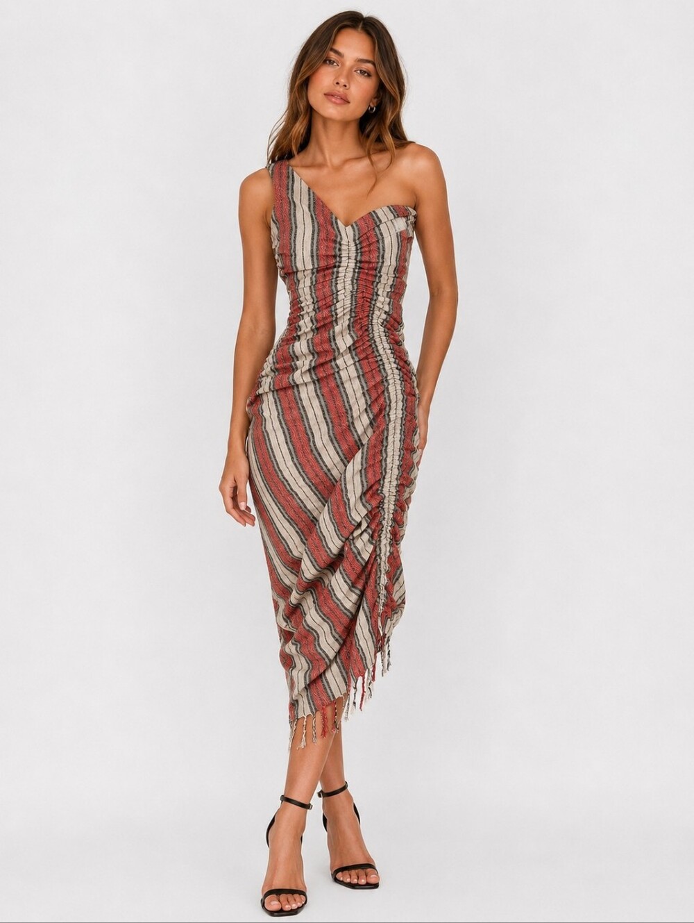 Just Bee Queen Tatiana Ruched One Shoulder Dress in Red Brick Stripe Size XS